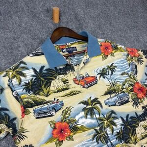 Big Dogs Vintage Hawaiian Polo Shirt XL Mens Tropical Classic Car Palm Tree Blue